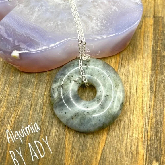 Maximalist gray Labradorite donut 925 silver statement necklace - Picture 1 of 5